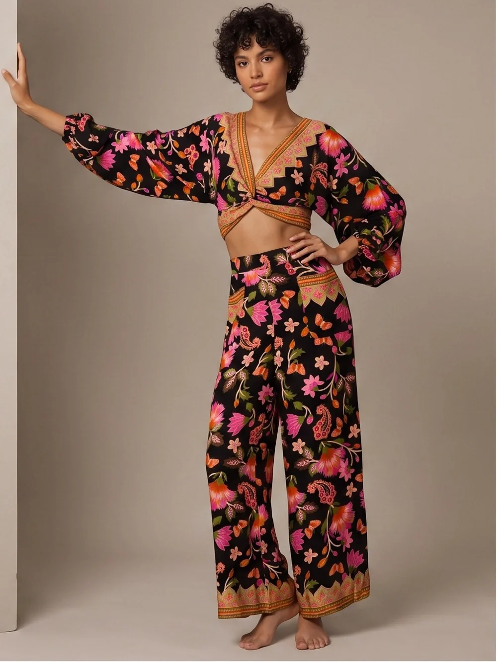 Z&L Europe Raya Viscose Floral Wide-Leg Pants & Crop Long Sleeve Top SET NWT
